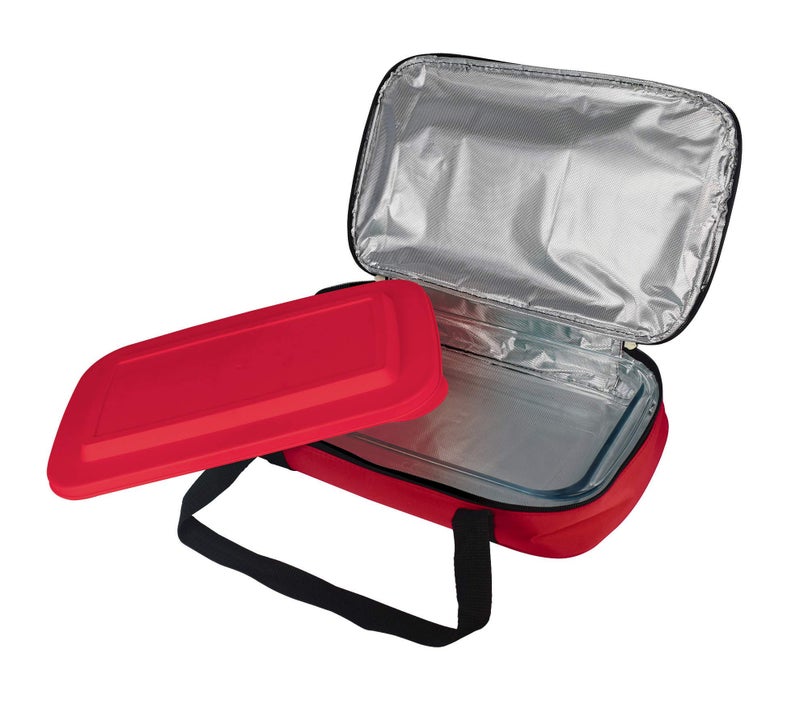Le Regalo HW1236 Glass Casserole with Insulated Bag, Ideal for Picnic, Potluck, Hiking & Beach Trip-Retains Hot and Cold Temperature of Food, Overall12 "x 7.5"x2 "- Red - Image 1